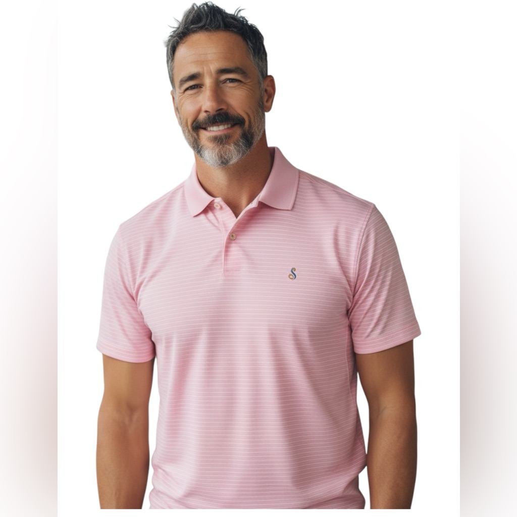 Fairway  Greene Polo Shirt Mens Large Pink White Striped Golf Embroidered Fish